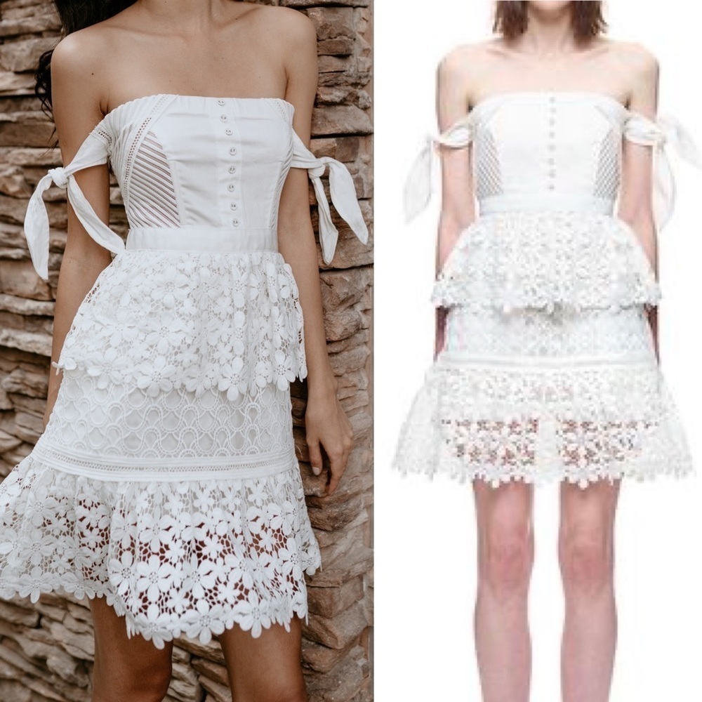 Self Portrait- White Off Shoulder Guipure Corset and Lace Tiered Mini Dress Size